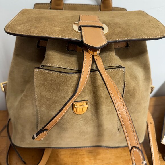 Michael Kors  English Tan Suede & Leather  Backpack with Gold Tone Accents - Picture 1 of 15